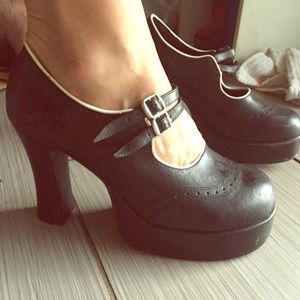 High Heel Leather Platform  Mary Janes BLACK SZ 9